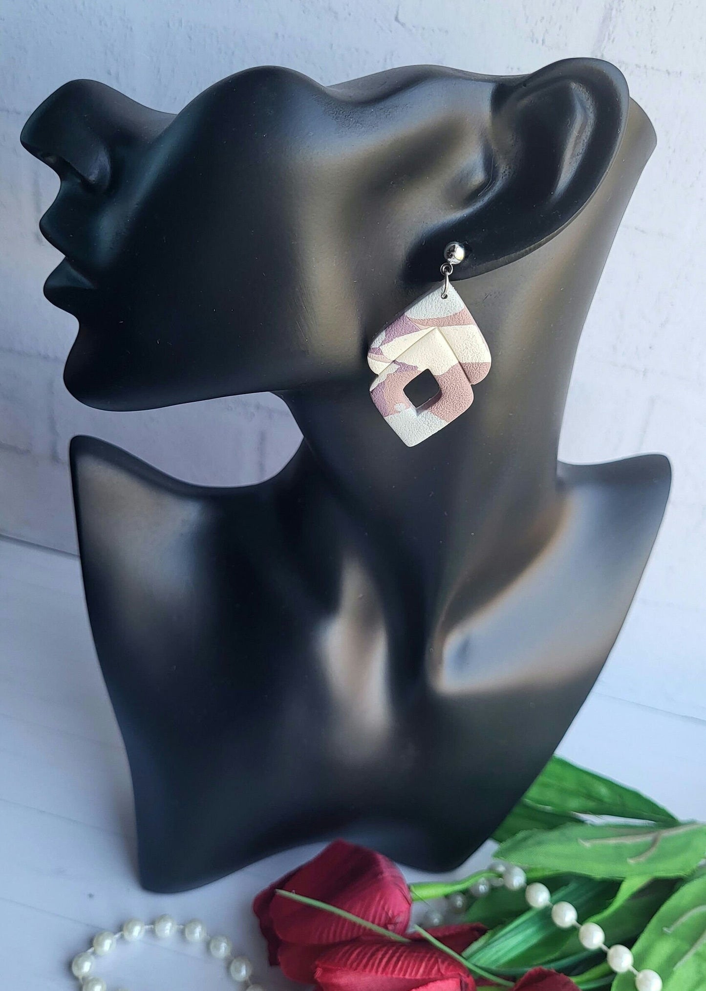 Abstract Geometric Polymer Clay Earrings/Handmade Pastel Drop Earrings/Stylish Neutral-Toned Earrings/Subtle Color Block Earrings