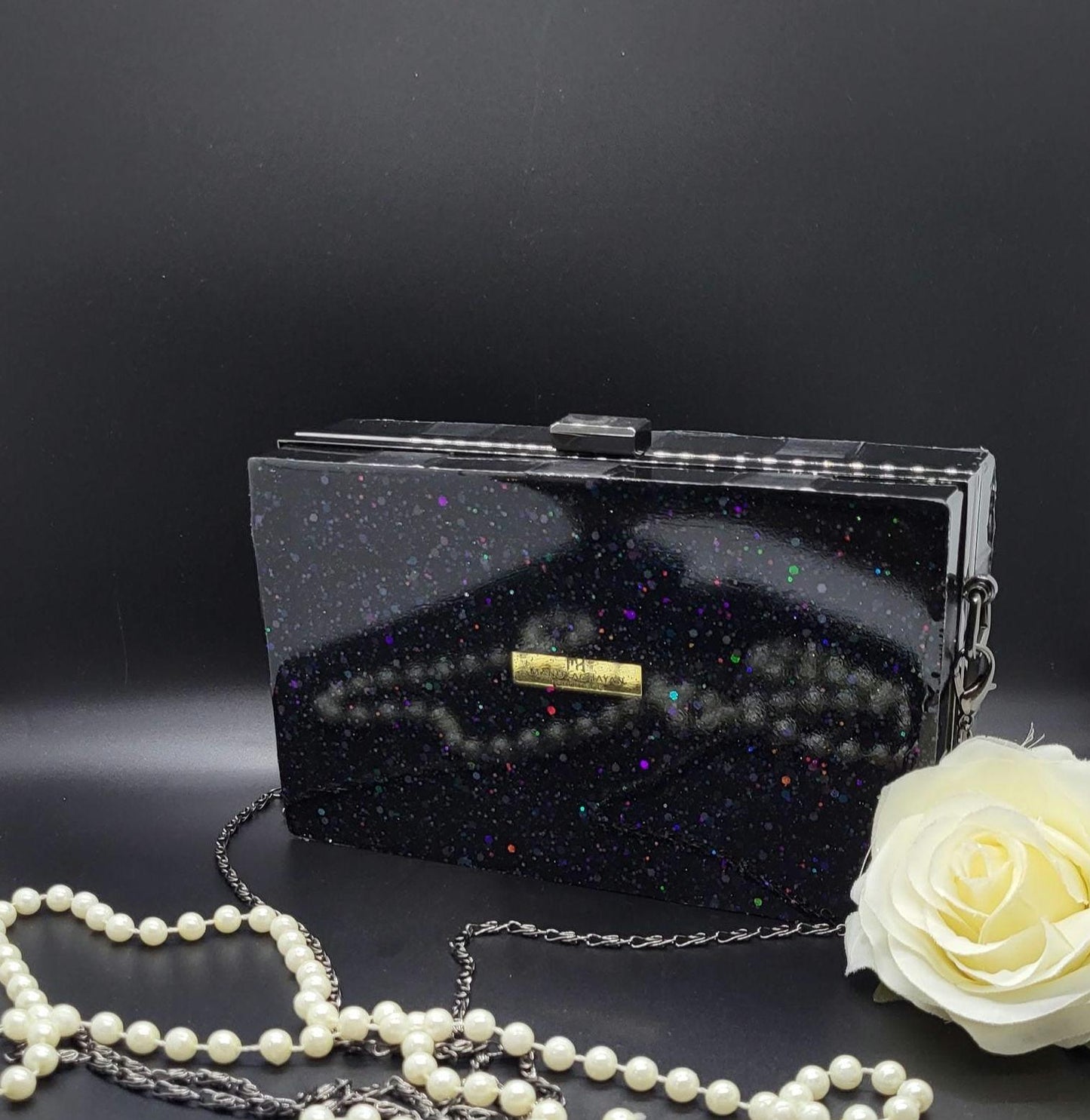 Speckled Black Epoxy Resin Clutch | Handcrafted Luxury Evening Bag | Galaxy-like Bridal Party Purse | Statement Purse for Weddings Clutch