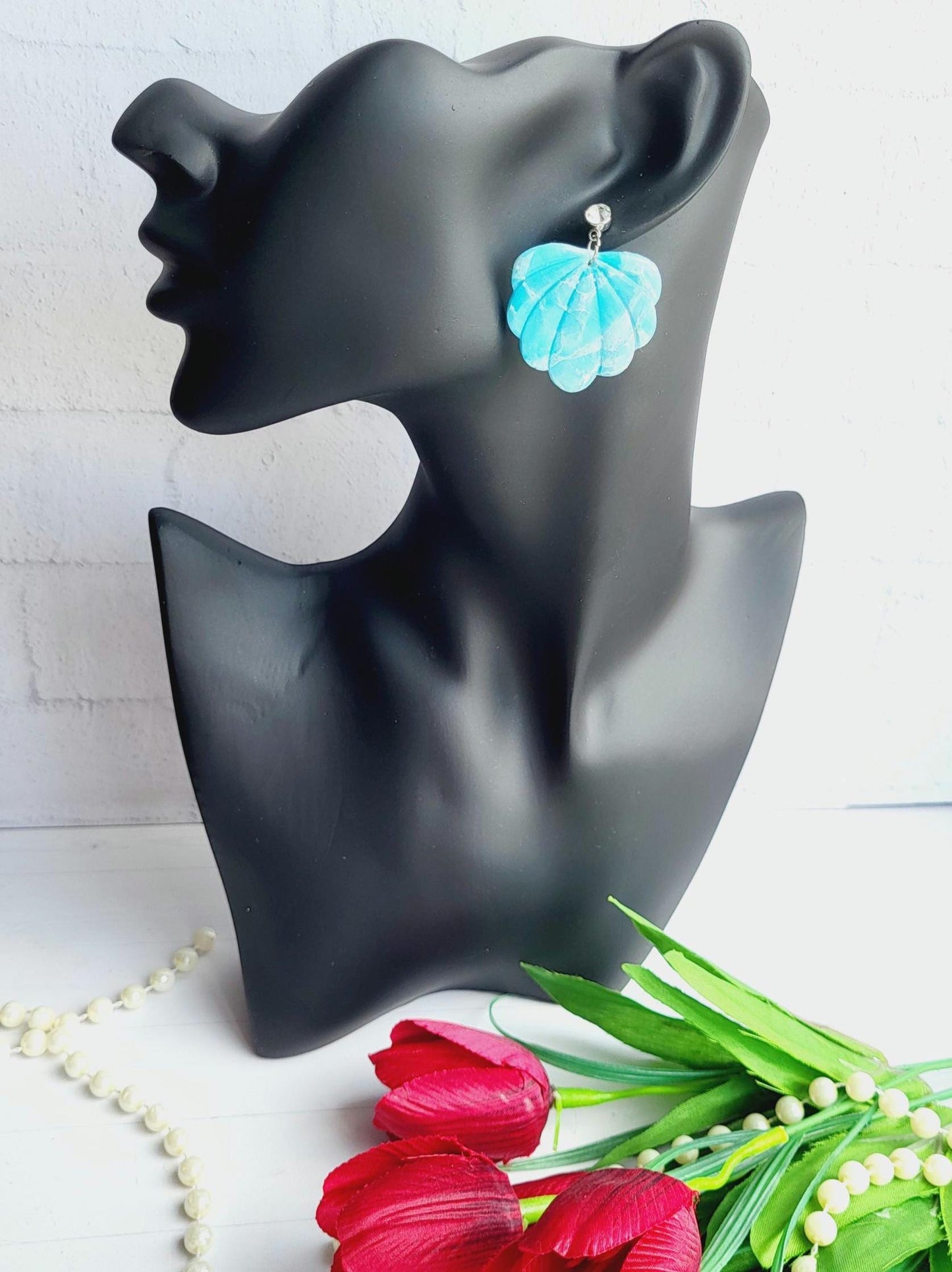 Handmade Polymer Clay Seashell Earrings | Scalloped Turquoise & White Marbled Earrings | Ocean-Inspired Jewelry | Stylish Dangle Earrings