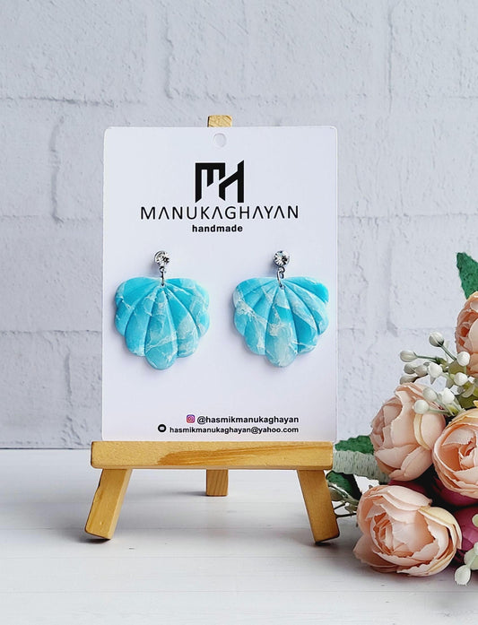 Handmade Polymer Clay Seashell Earrings | Scalloped Turquoise & White Marbled Earrings | Ocean-Inspired Jewelry | Stylish Dangle Earrings