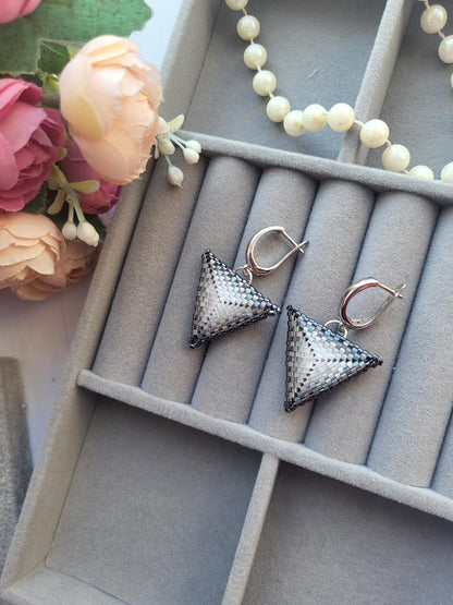 Handmade Shiny Miyuki Beaded Jewelry Set – Earrings and  Bracelet/Handwoven Triangle Earrings and Bracelet – Shiny Beaded Jewelry Set