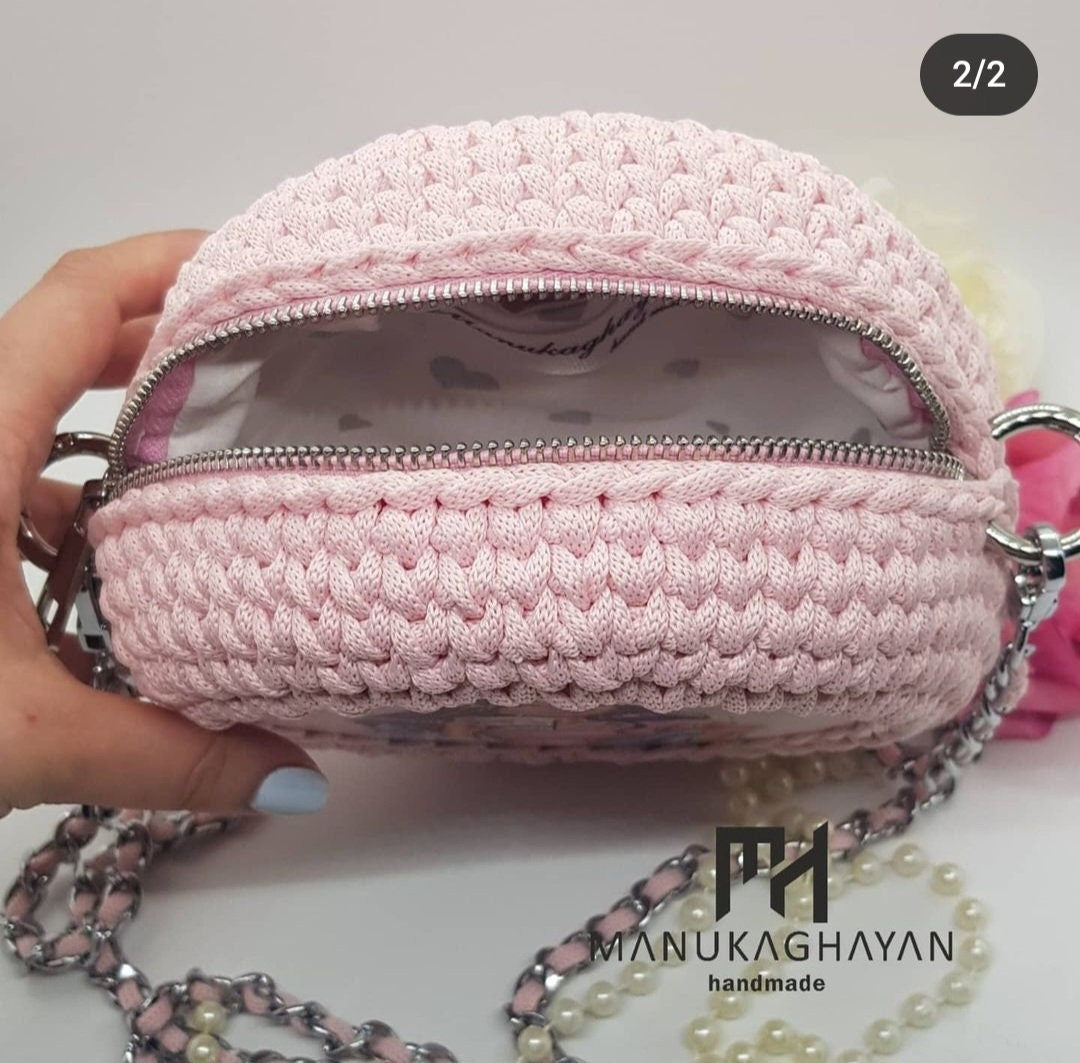 Handmade Pink Knitted Bag with Plastic Printed Mural | Chain & Fabric Handle | 18X8cm | Cotton Lining Pocket | Unique Boho Chic Bag