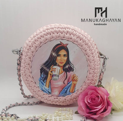 Handmade Pink Knitted Bag with Plastic Printed Mural | Chain & Fabric Handle | 18X8cm | Cotton Lining Pocket | Unique Boho Chic Bag