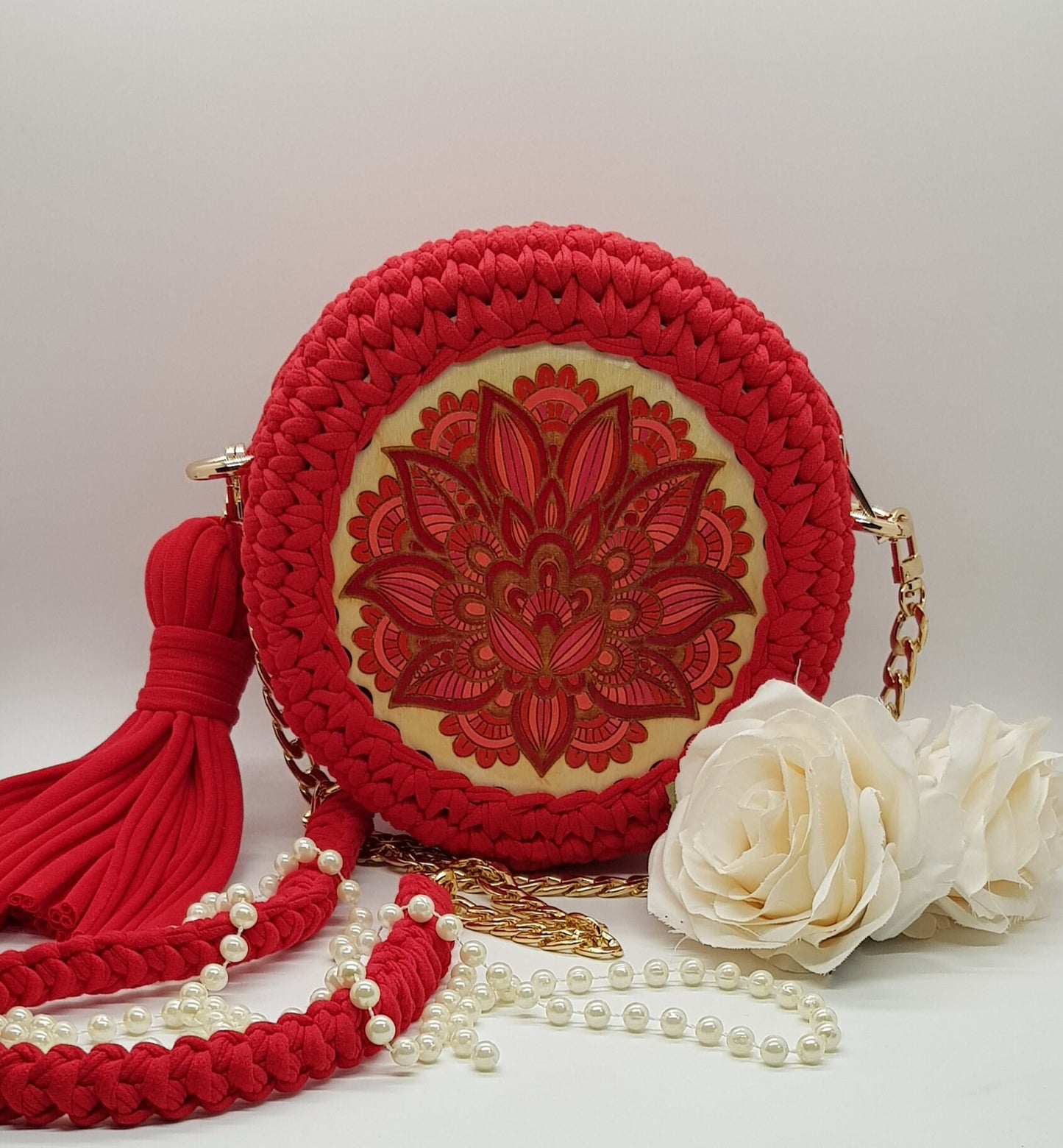 WOODEN DECOR BAG | Handmade Knitted Bag | Red Round Bag | Cotton Purse Bag | Vibrant Red Casual Artistic Handmade Decorative Bag