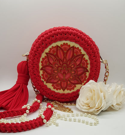 WOODEN DECOR BAG | Handmade Knitted Bag | Red Round Bag | Cotton Purse Bag | Vibrant Red Casual Artistic Handmade Decorative Bag