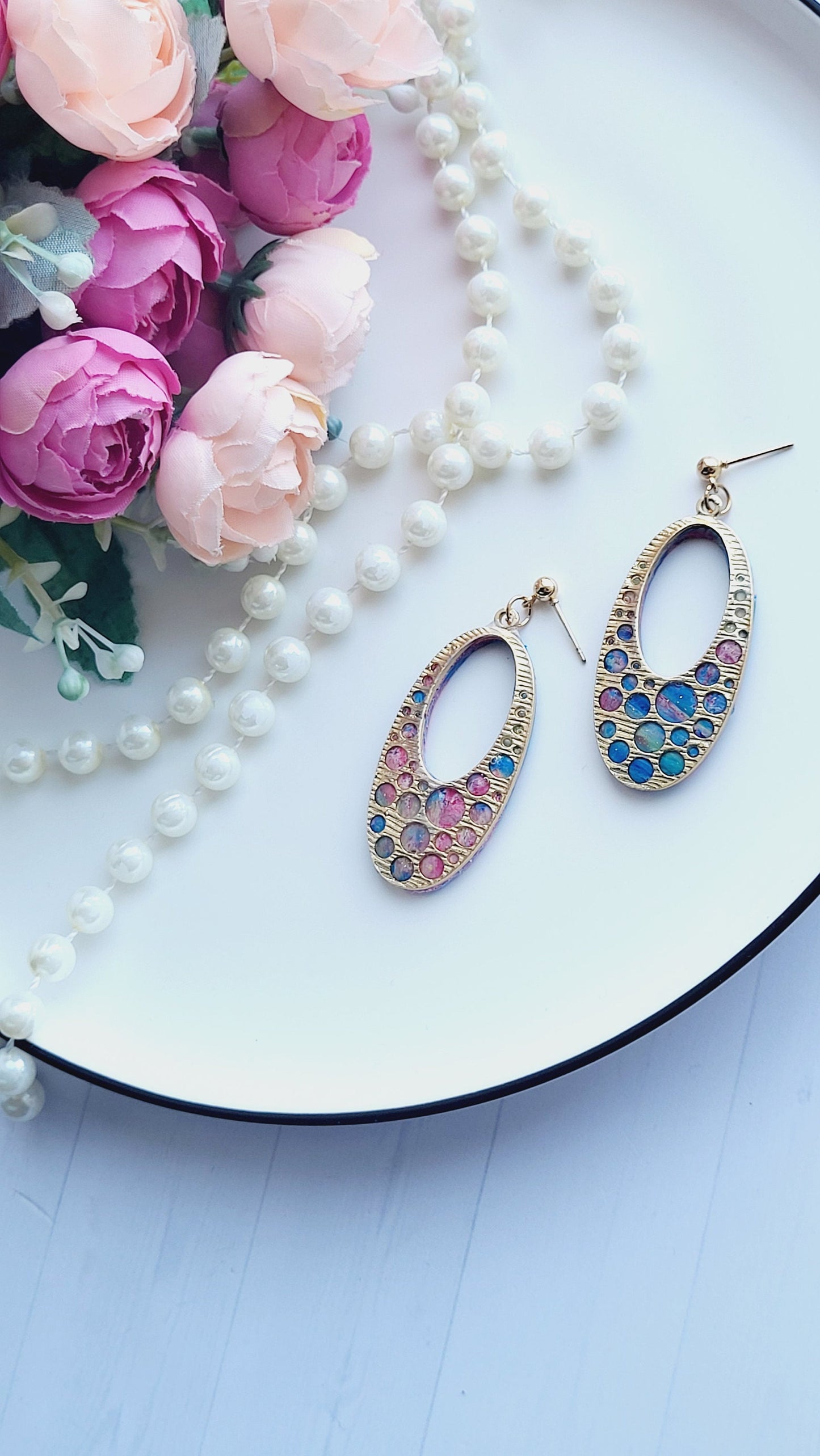 Oval Shape Minimalist Polymer Clay Earrings | Statement Drop Earrings | Glamorous Pink White Oval Earrings | Handmade Jewelry Gift for Her