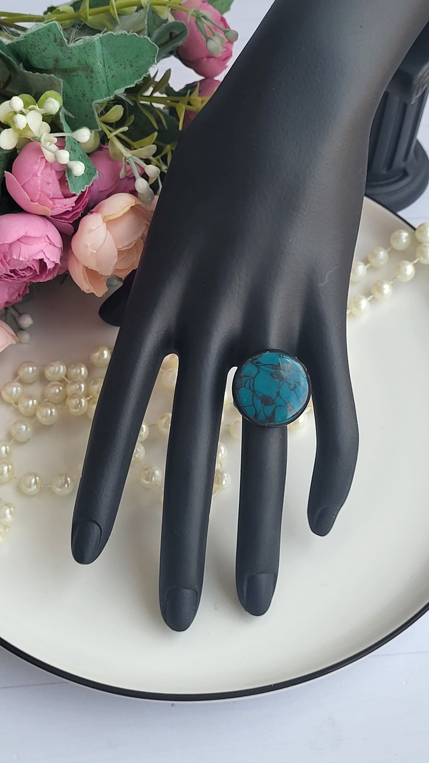 Handmade Polymer Clay Jewelry Set | Pine Green and  Black Marble Effect | Fashionable Round Earrings & Necklace | Unique Fashion Jewelry Set