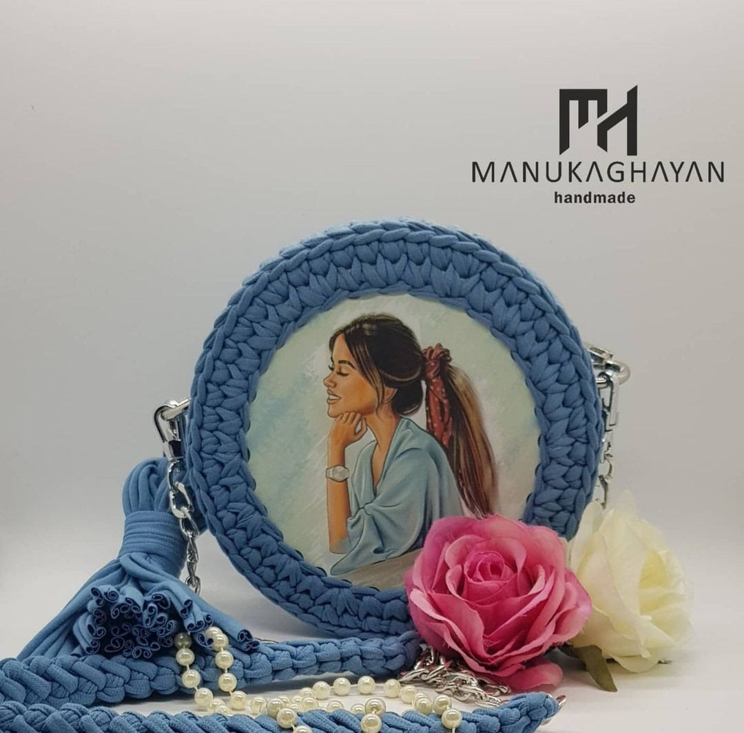 Handmade Blue Jeans Bag with Knitted Threads | Plastic Mural and Chain Handle Bag | Trendy Bag With One Pocket | Casual Fashion Bag