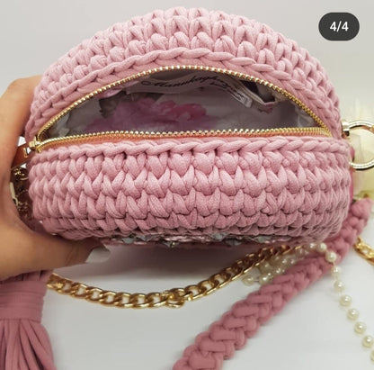 Handmade Knitted Bag with Wooden & Stone Decor | Chain  Fabric Handle | Cotton Lining Pocket | Stylish Boho Bag | Unique Handmade Purse