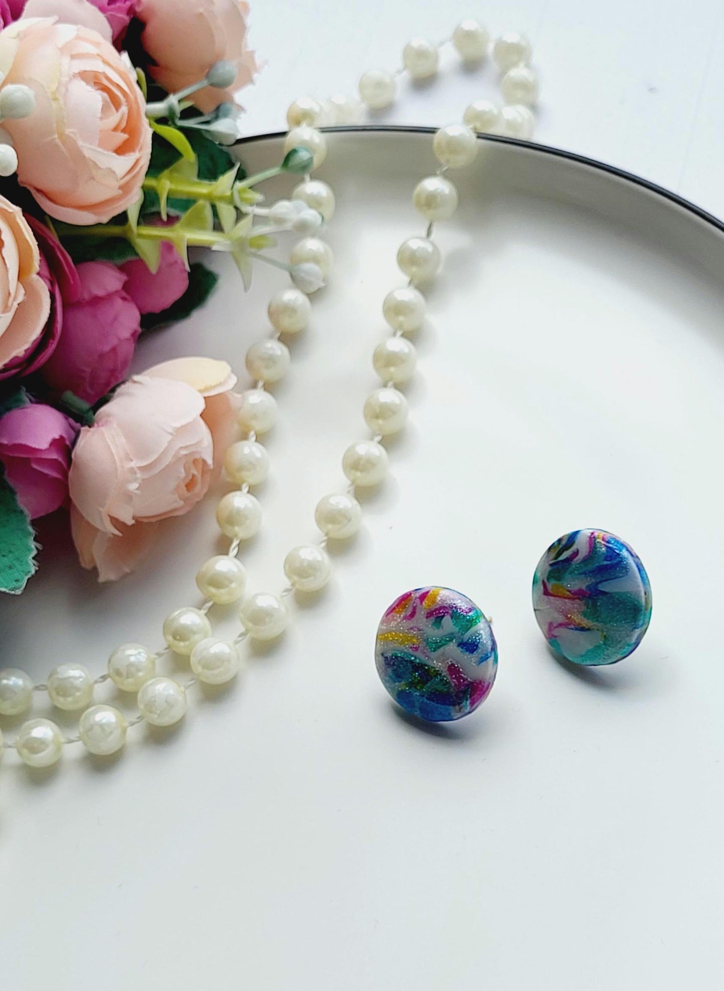 Vibrant Abstract Design Earrings in Polymer Clay/Artistic Small Round Earrings with Colorful Patterns