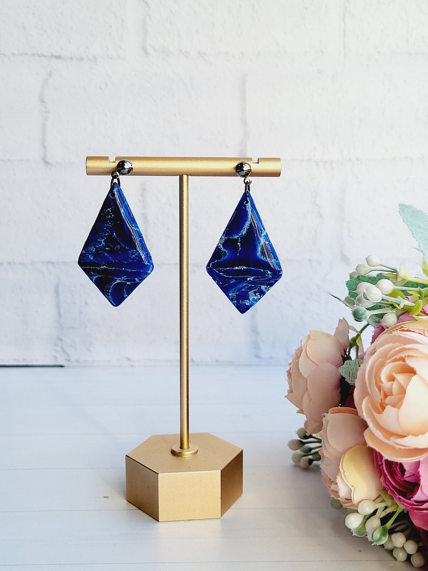 DARK BLUE EARRINGS | Eye Catching Earring | Elegant Earring | Rhombus Earrings | Polymer Clay Handcrafted Comfortable High Quality Earrings