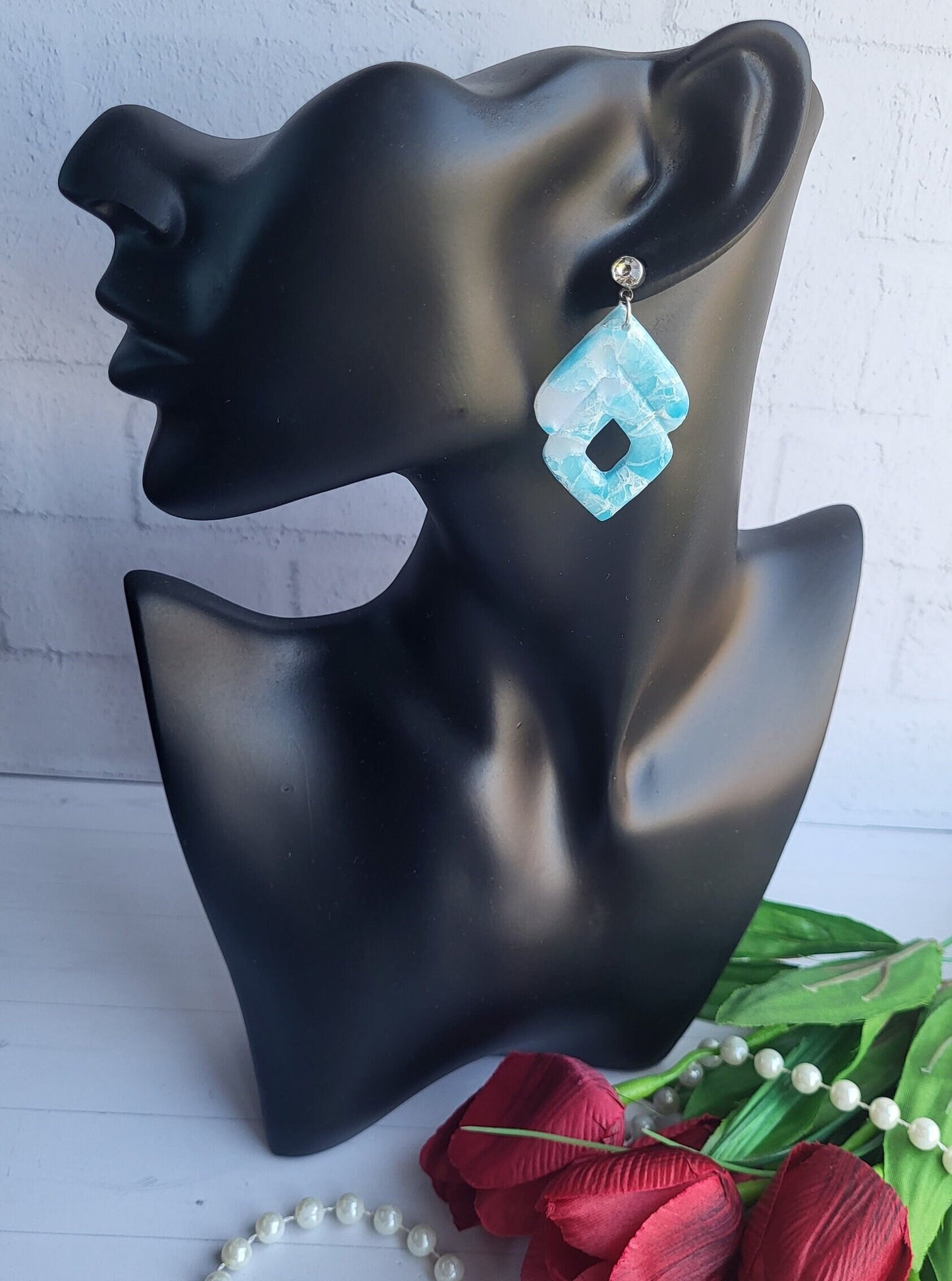 Ocean-Inspired Geometric Clay Earrings/Elegant Aqua Statement Earrings/Artistic Geometric Clay Jewelry