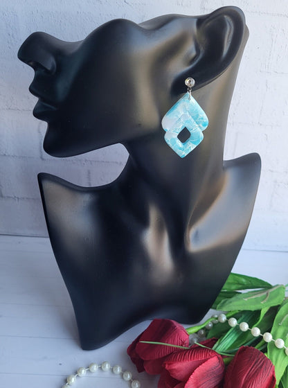 Ocean-Inspired Geometric Clay Earrings/Elegant Aqua Statement Earrings/Artistic Geometric Clay Jewelry