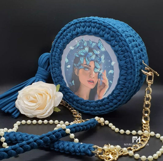 BUTTERFLY PRINT BAG | Round Shoulder Bag | Knitted Threads Bag | Blue Petrol Bag | Creative Sophisticated Artisan Crafted Lightweight Bag