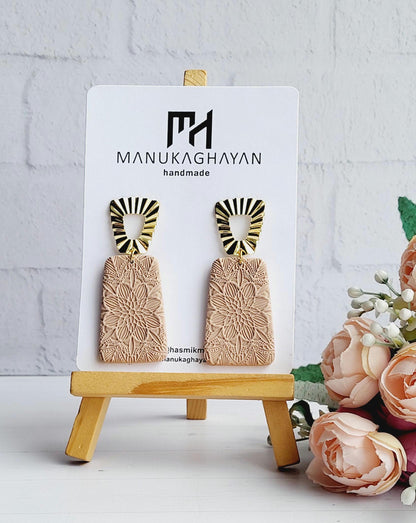 Embossed Floral Earrings | Boho Chic Jewellery | Geometric Gold and Beige Earrings | Statement Dangle Earrings | Handmade Earrings