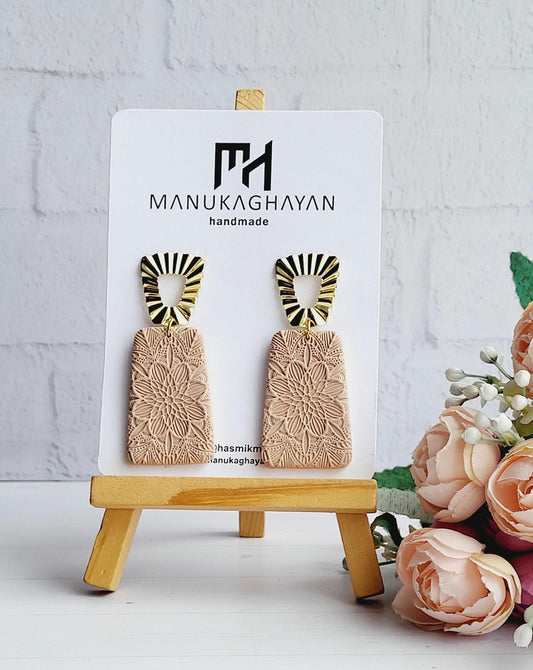 Embossed Floral Earrings | Boho Chic Jewellery | Geometric Gold and Beige Earrings | Statement Dangle Earrings | Handmade Earrings