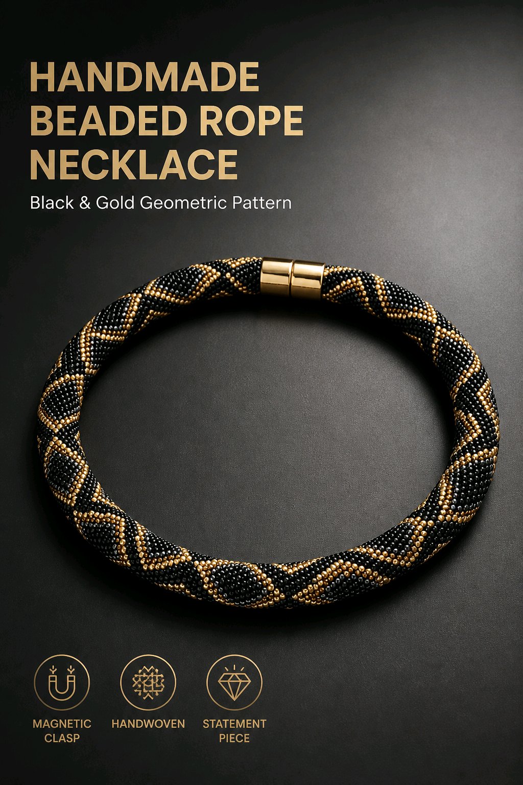 Elegant Beaded Rope Necklace – TOHO Beads in Black and Gold/Luxurious Handmade TOHO Necklace – Black, Bronze and  Gray Tones