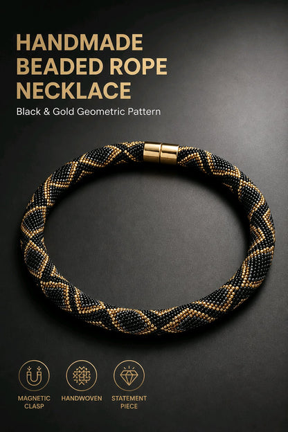 Elegant Beaded Rope Necklace – TOHO Beads in Black and Gold/Luxurious Handmade TOHO Necklace – Black, Bronze and  Gray Tones