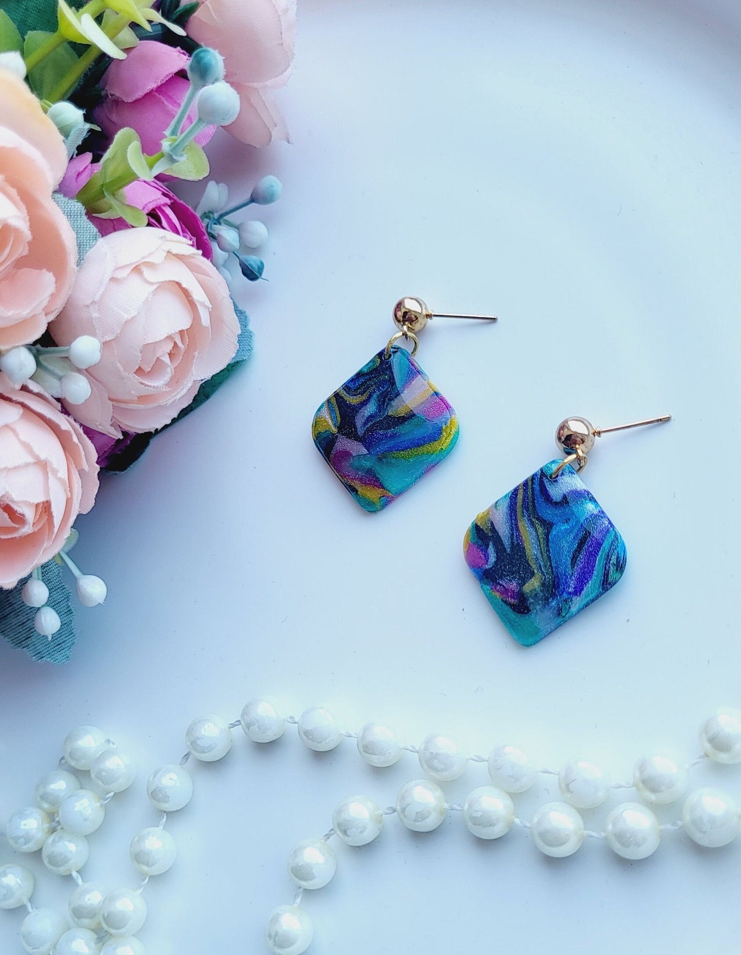 Vibrant Swirl Earrings/Colorful Abstract Drops/Handmade Statement Jewelry/Marbled Rainbow Jewelry/Colorful Artistic Earrings