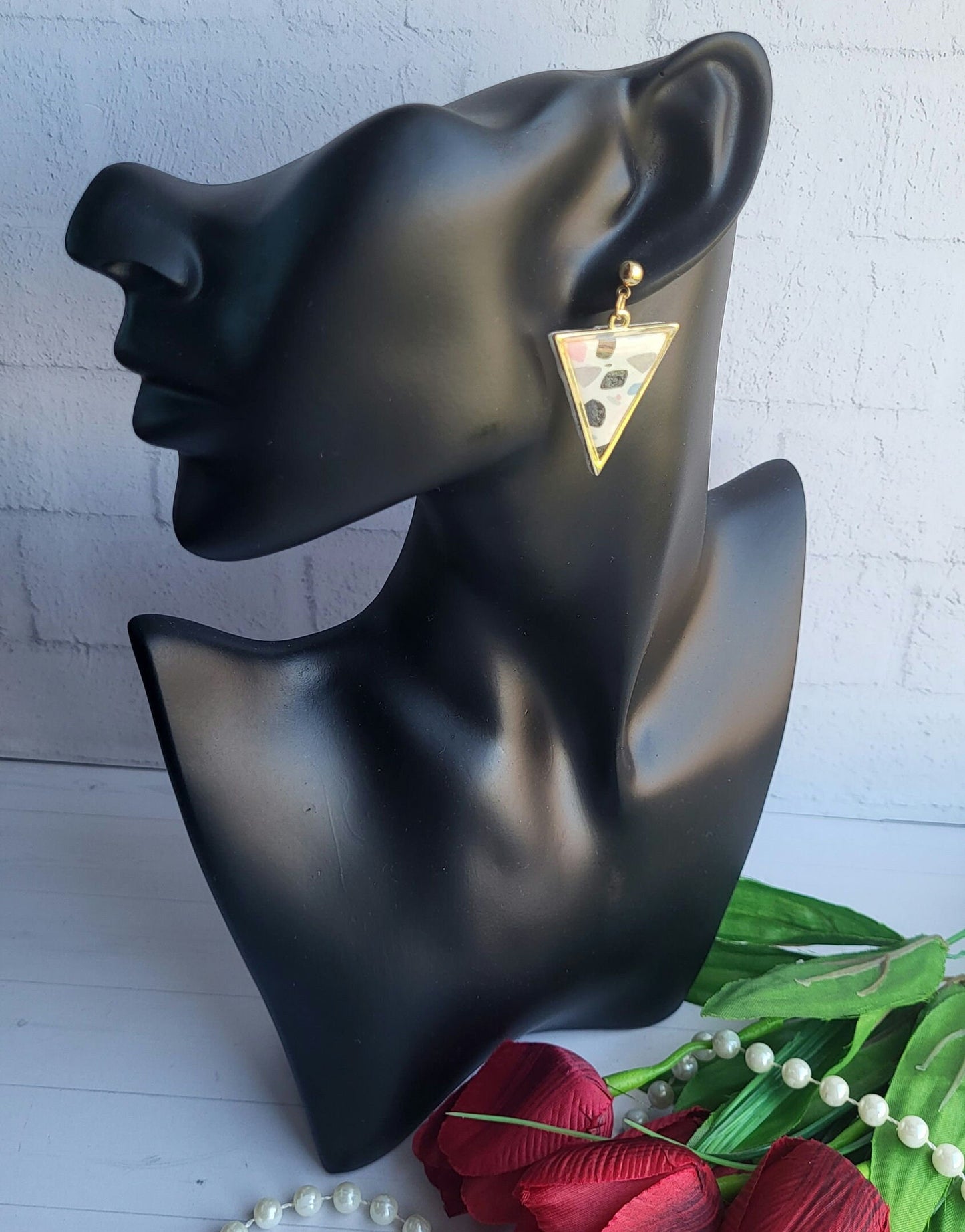 Unique Triangle Earrings with Abstract Patterns/Artistic Polymer Clay Earrings with Terrazzo Details