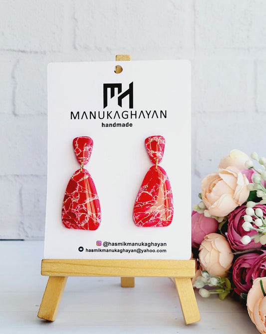 Bold Red Handmade Polymer Clay Earrings/Marbled Red Statement Dangle Earrings/Red Marble Effect Drop Earrings/Handcrafted Red Chic Earrings