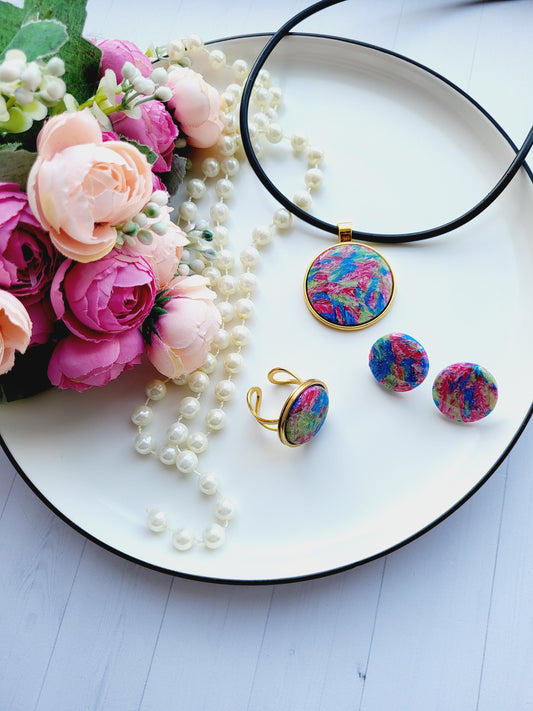 Handmade Polymer Clay Jewelry Set | Earrings | Ring & Necklace | Vibrant Red, Green, Blue Jewelry Set | Round Fashion Jewelry | Luxury Gift