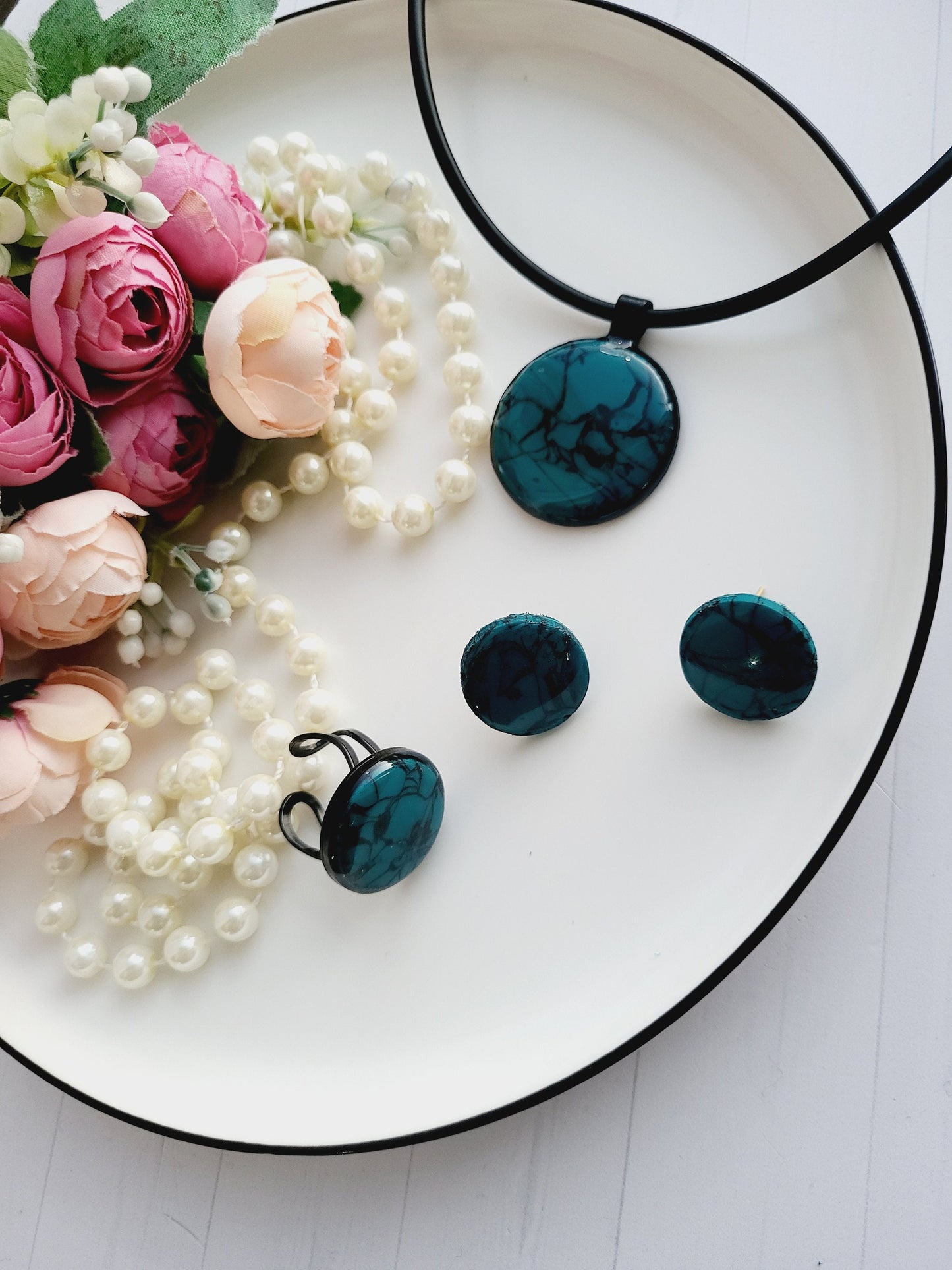 Handmade Polymer Clay Jewelry Set | Pine Green and  Black Marble Effect | Fashionable Round Earrings & Necklace | Unique Fashion Jewelry Set