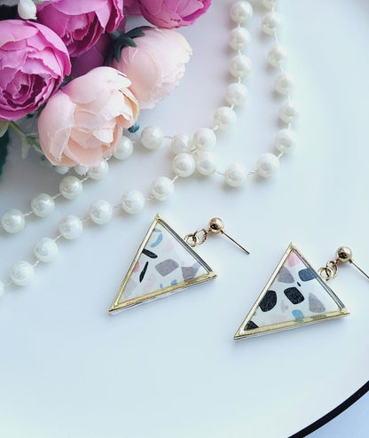 Unique Triangle Earrings with Abstract Patterns/Artistic Polymer Clay Earrings with Terrazzo Details