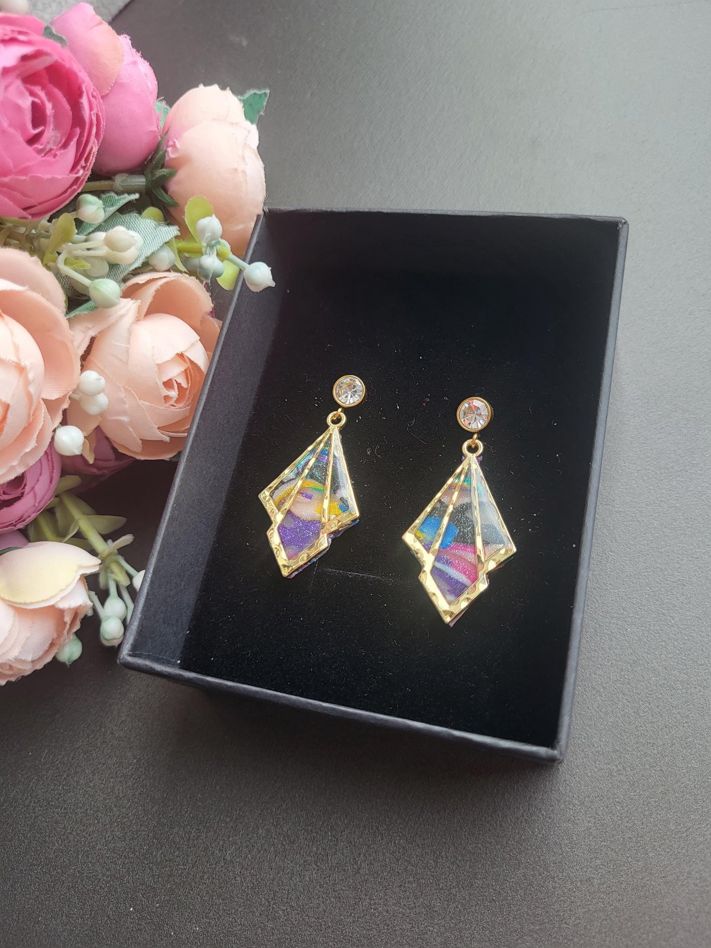 Unique Multicolor  Polymer Earrings/Geometric Drop Earrings with Embedded Colors/Colorful Statement Earrings with Elegant Gold Detail