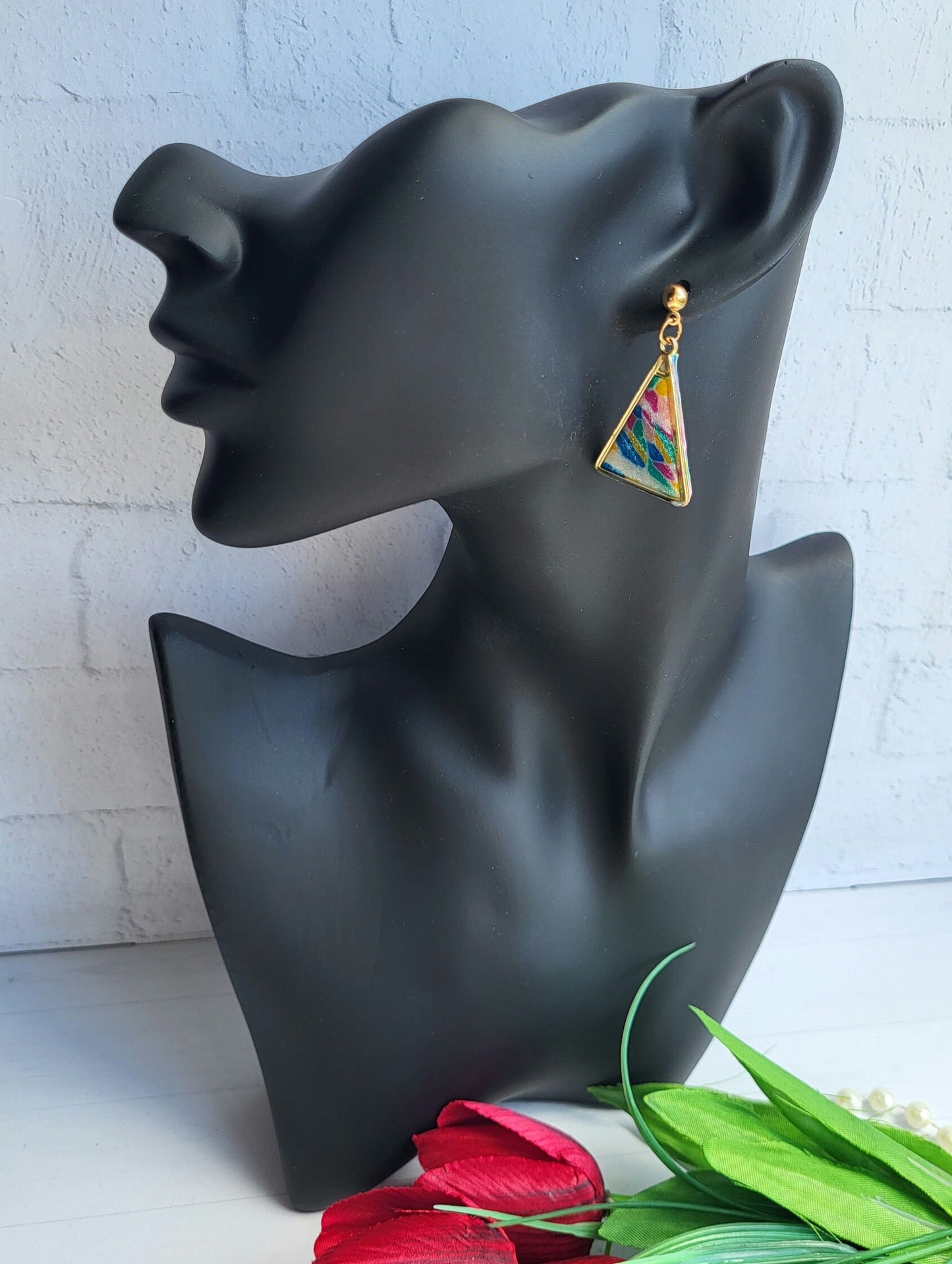 Colorful Handmade Triangle Polymer Clay Earrings with Gold Frame/Vibrant Geometric Polymer Clay Drop Earrings in Bold Colors/