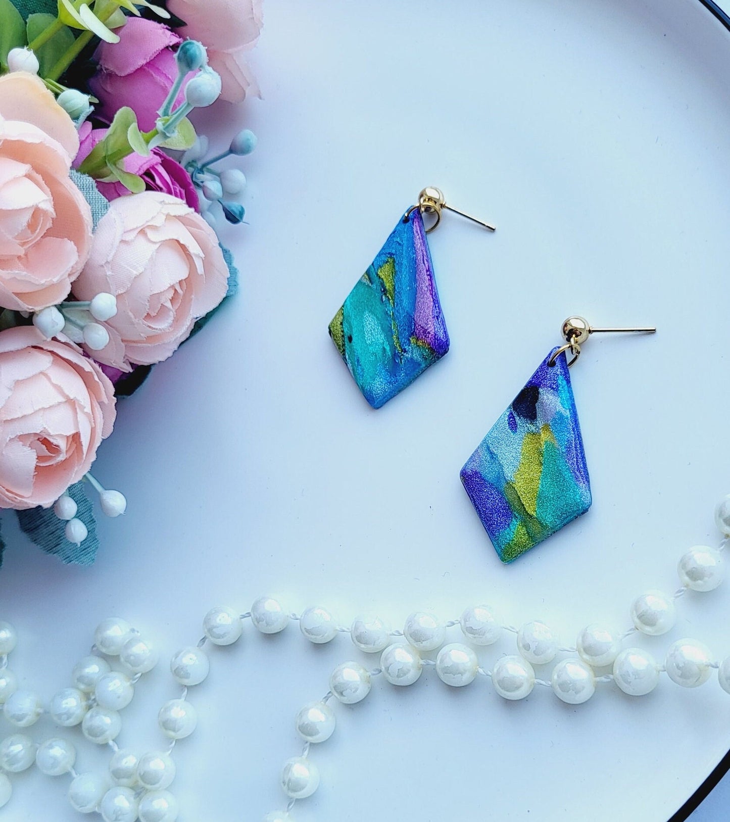 Abstract Geometric Earrings/Colorful Clay Diamonds/Handmade Artisan Jewelry/Multi-Hued Statement Dangles