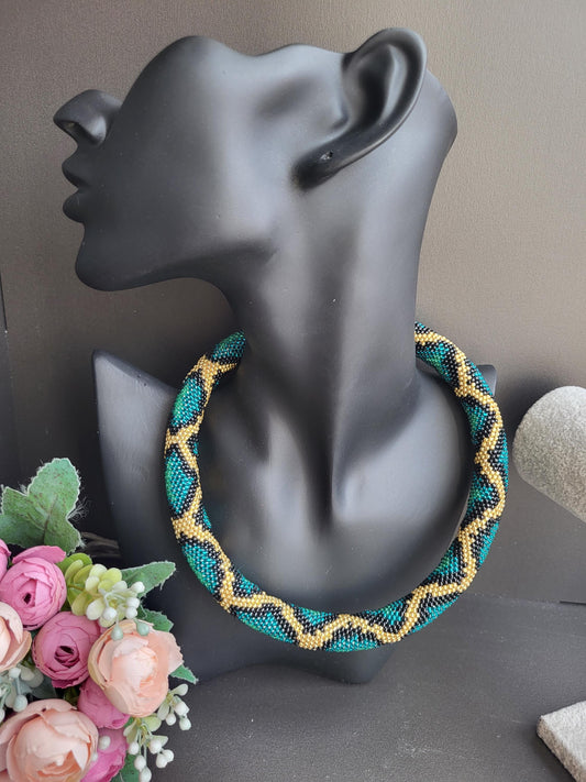 Handmade Beaded Snake Necklace – Gold, Black and  Azure Tones, Statement Jewelry, Tube Beadwork Choker
