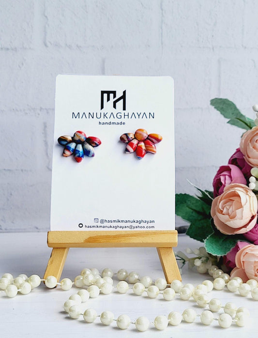 Handmade Floral Polymer Clay Earrings in Warm Tones/Unique Flower-Inspired Earrings with Red and Blue Petals