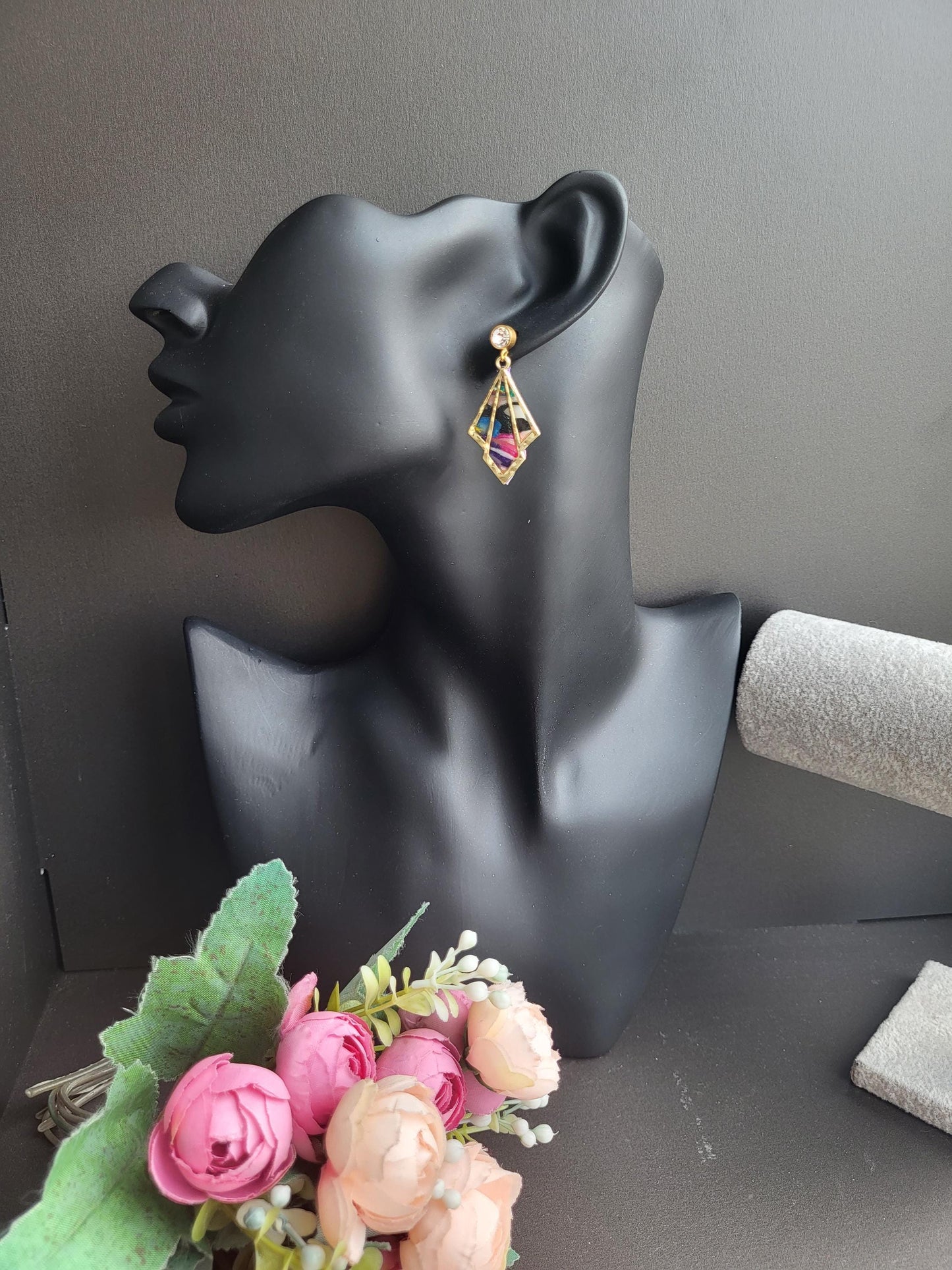 Unique Multicolor  Polymer Earrings/Geometric Drop Earrings with Embedded Colors/Colorful Statement Earrings with Elegant Gold Detail