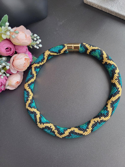 Handmade Beaded Snake Necklace – Gold, Black and  Azure Tones, Statement Jewelry, Tube Beadwork Choker