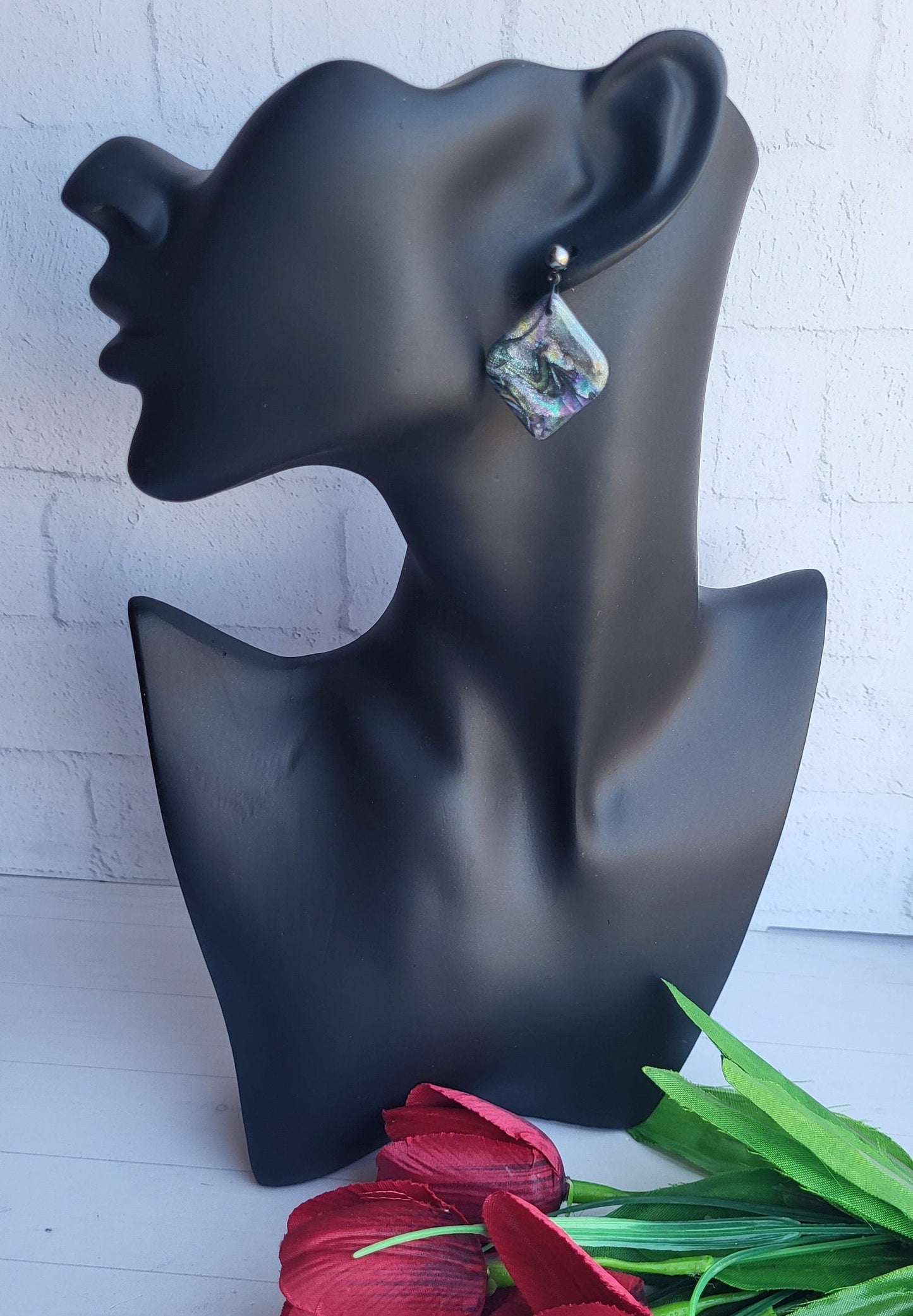 Textured Diamond-Shaped Earrings/Black and Shimmer Polymer Clay Jewelry/Elegant Iridescent Polymer Earrings/Shimmering Statement Earrings