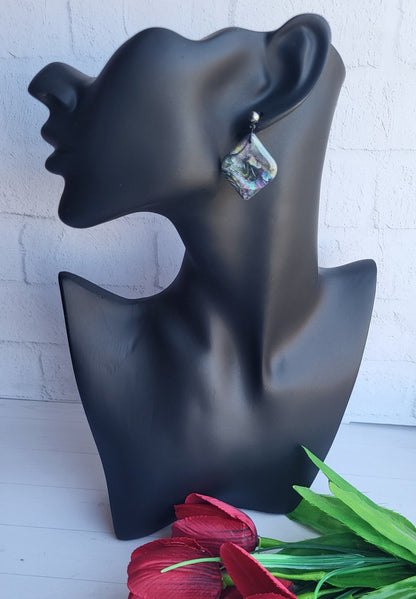 Textured Diamond-Shaped Earrings/Black and Shimmer Polymer Clay Jewelry/Elegant Iridescent Polymer Earrings/Shimmering Statement Earrings