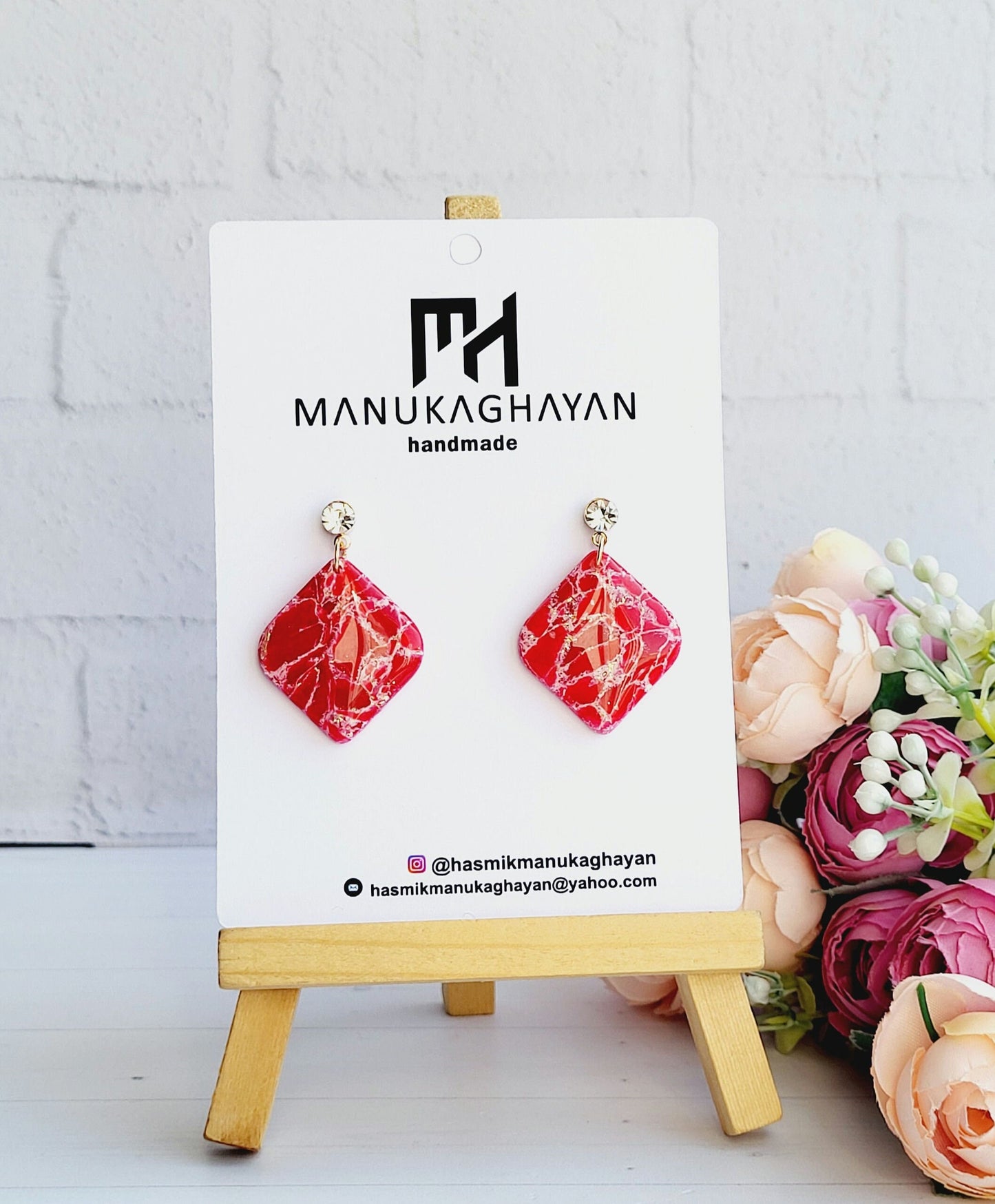 Glossy Red Marbled Polymer Clay Earrings/Bold Red Marbled Earrings Design/Vibrant Square Dangle Earrings Handmade