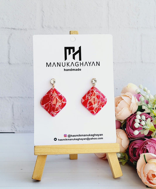 Glossy Red Marbled Polymer Clay Earrings/Bold Red Marbled Earrings Design/Vibrant Square Dangle Earrings Handmade