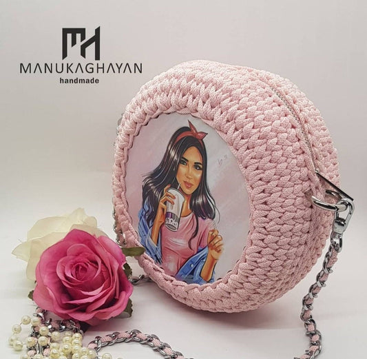 Handmade Pink Knitted Bag with Plastic Printed Mural | Chain & Fabric Handle | 18X8cm | Cotton Lining Pocket | Unique Boho Chic Bag