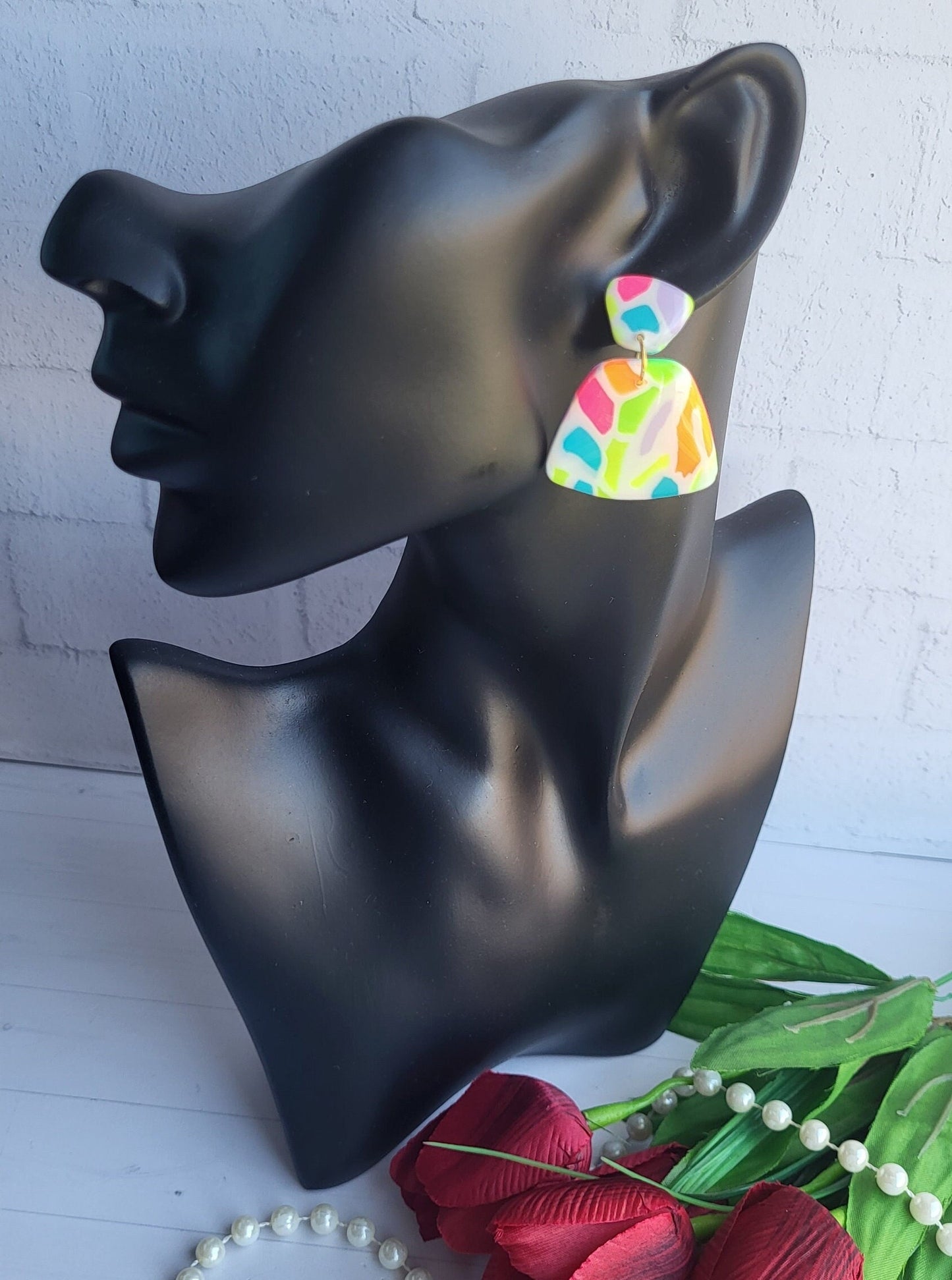 Handmade Polymer Clay Statement Earrings | Colorful Dangle Geometric Rainbow Earrings | Bright Clay Jewelry | Colorful Earrings for Women