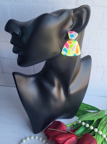 Handmade Polymer Clay Statement Earrings | Colorful Dangle Geometric Rainbow Earrings | Bright Clay Jewelry | Colorful Earrings for Women