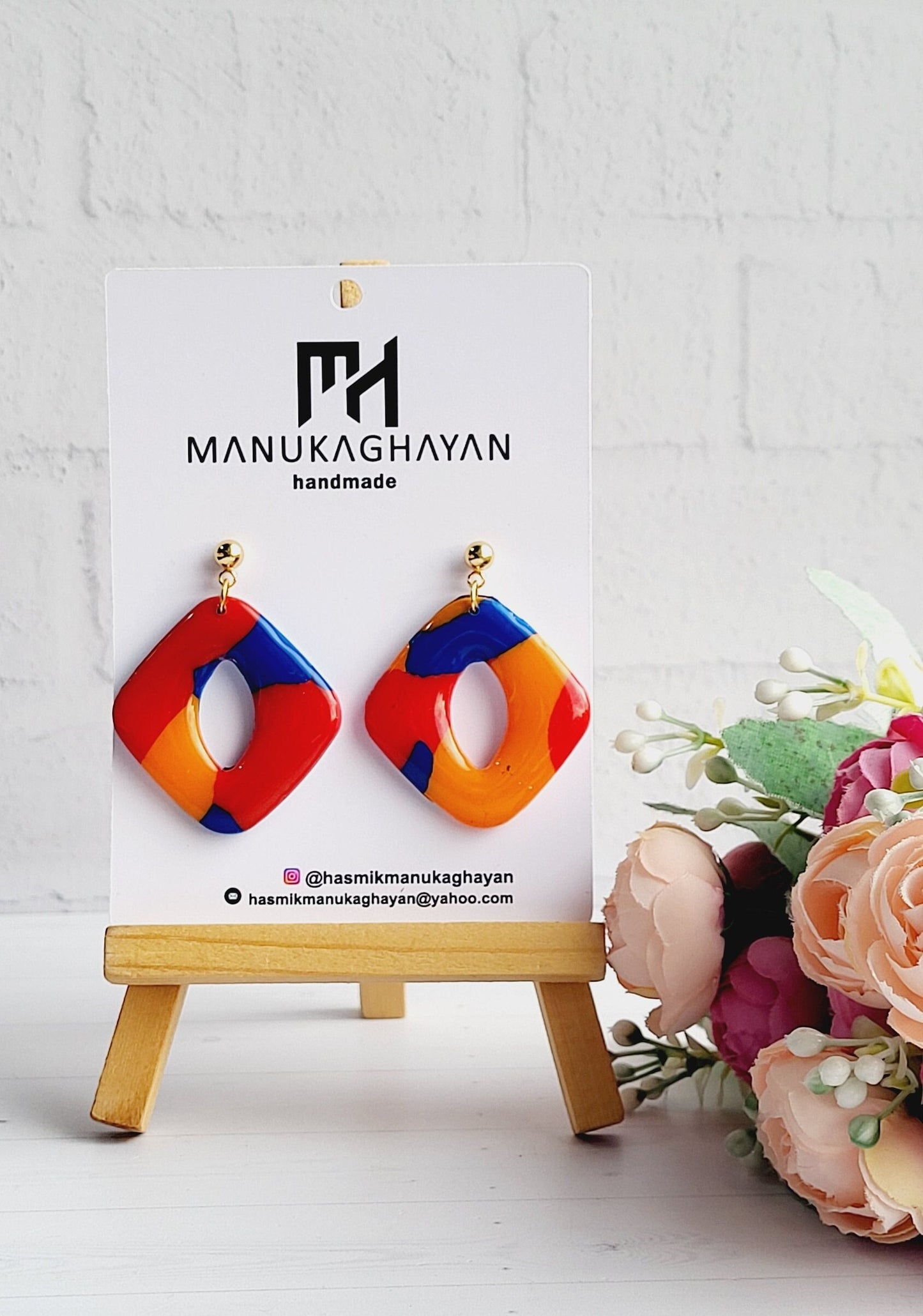 Vibrant Abstract Design Earrings in Red, Orange, and Blue/Unique Geometric Polymer Clay Earrings with a Glossy Finish