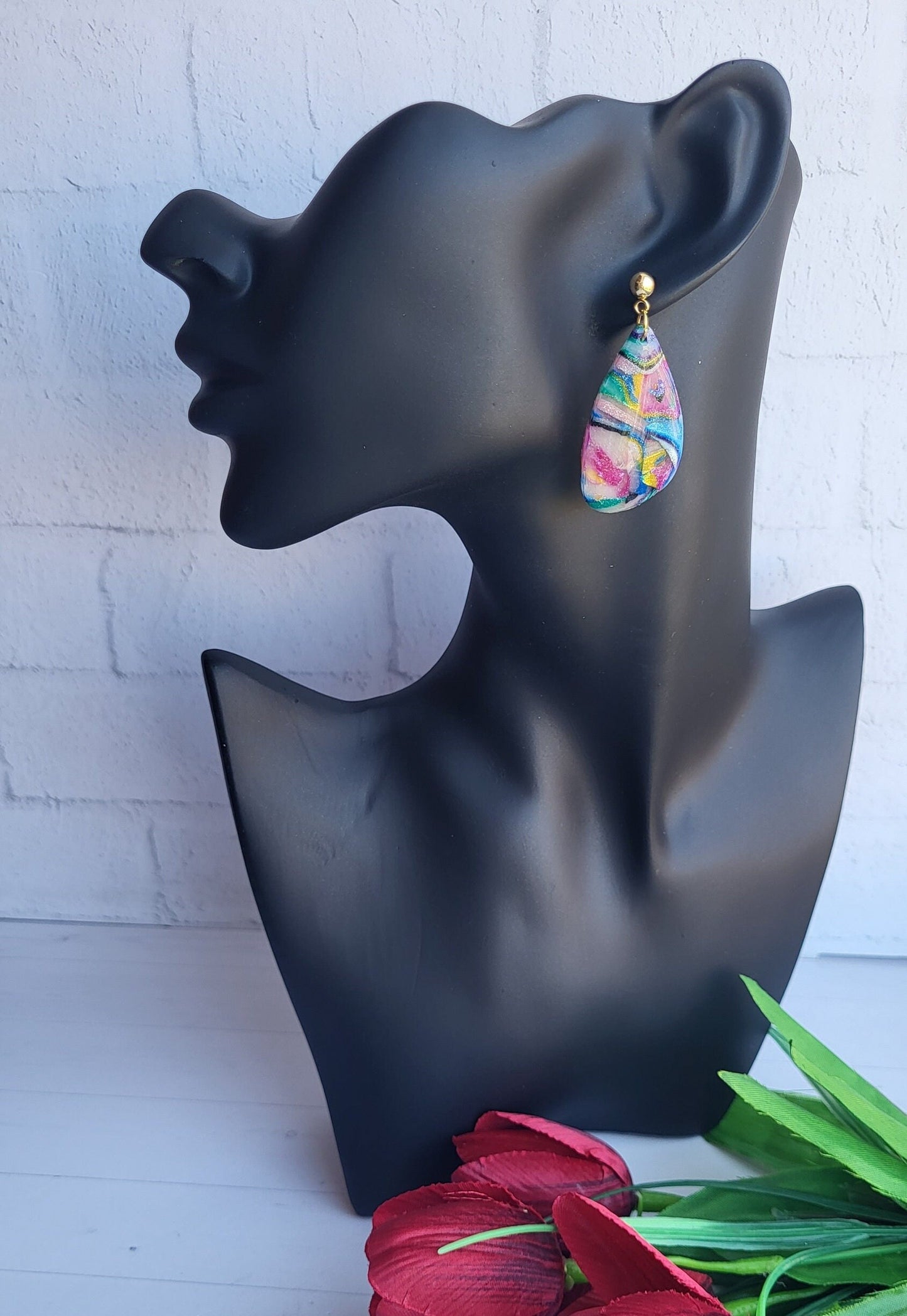 Unique Colorful Teardrop Earrings/Bohemian Art-Inspired Earrings/Abstract Design Polymer Clay Earrings/Swirl Design Polymer Earrings