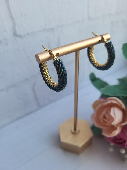 Elegant Greenish-Blue & Gold Miyuki Beaded Hoop Earrings/Chic Beaded Hoop Earrings – Greenish-Blue  and  Gold Miyuki Beads
