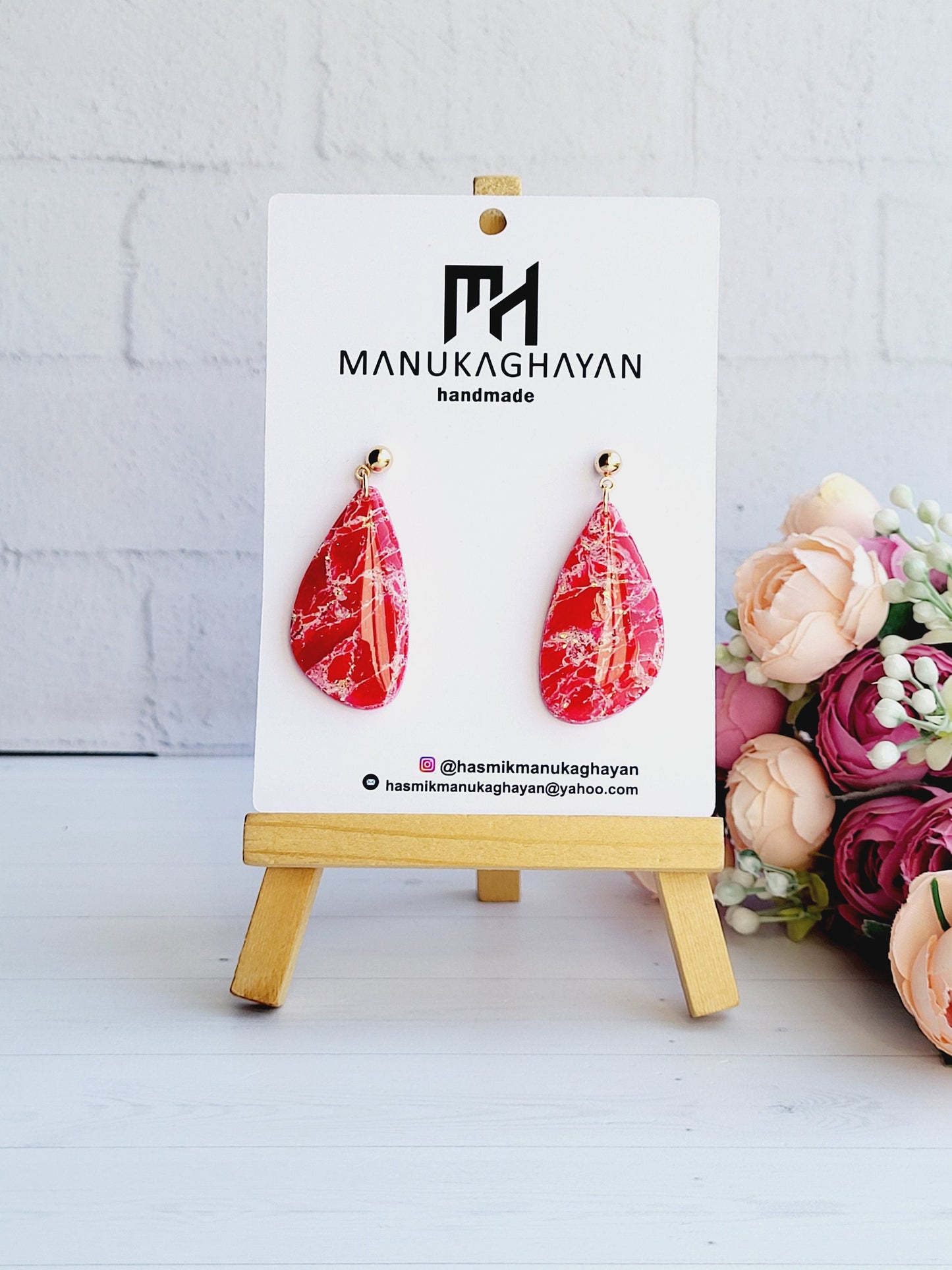 Red Marble Effect Teardrop Polymer Clay Earrings | Handmade Geometric Dangle Earrings | Unique Red Statement Earrings | Teardrop Earrings