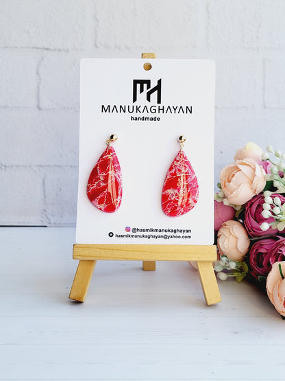Red Marble Effect Teardrop Polymer Clay Earrings | Handmade Geometric Dangle Earrings | Unique Red Statement Earrings | Teardrop Earrings