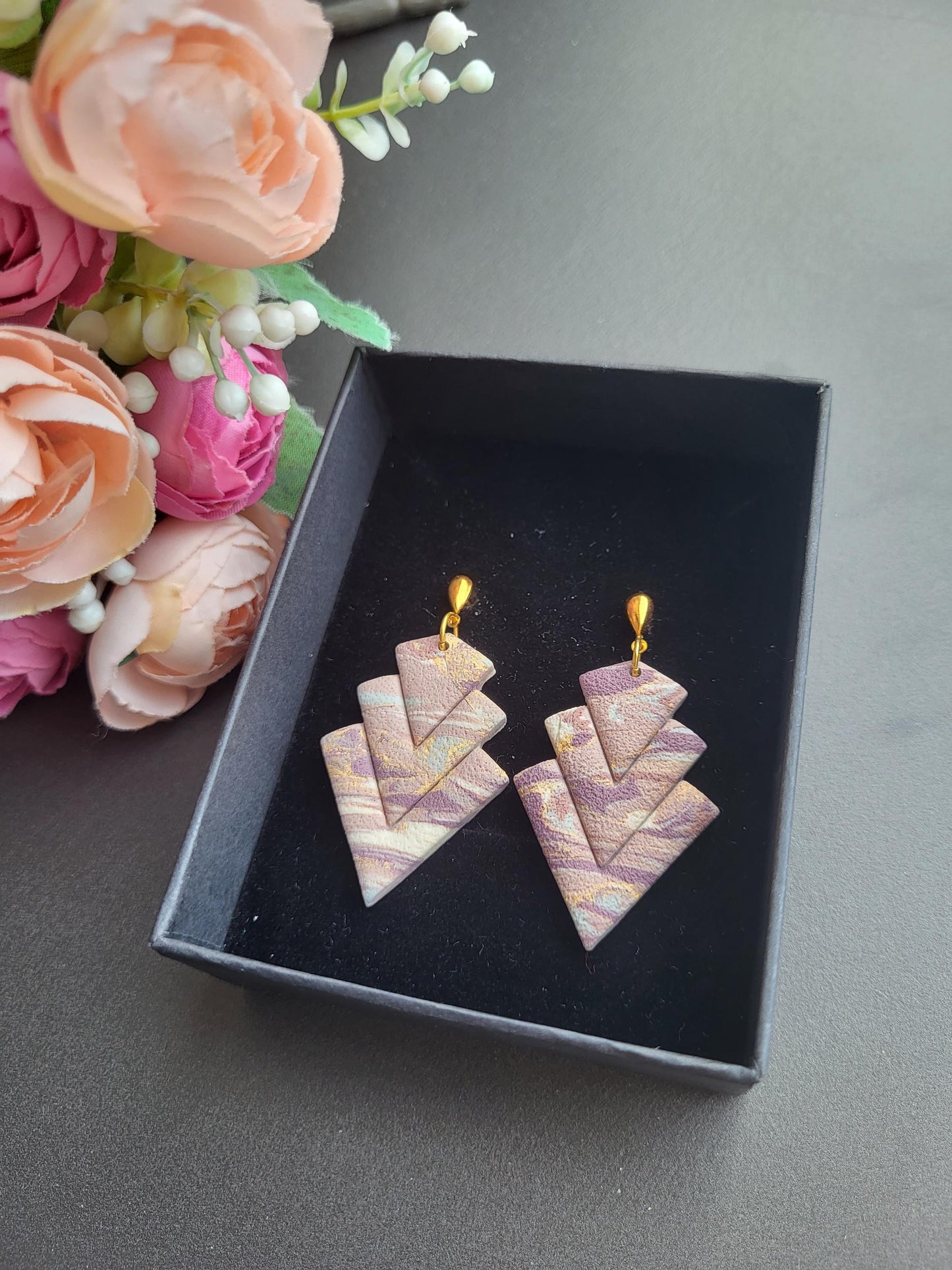 Geometric Chevron Clay Earrings – Handmade Statement Jewelry/Textured Polymer Clay Earrings – Modern Boho Style/Layered Chevron Earrings – Handmade Minimalist Jewelry