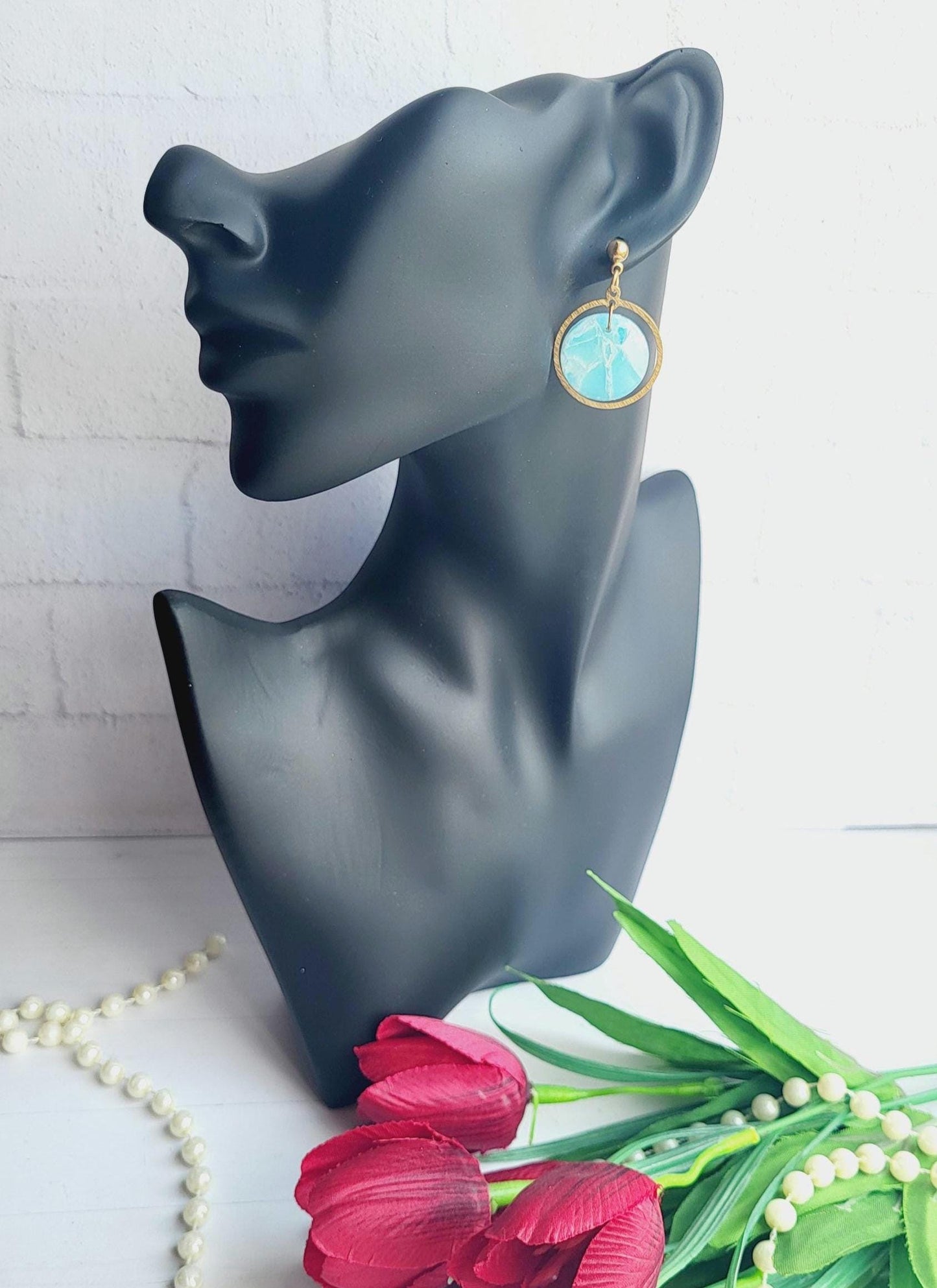 Turquoise and White Marble Earrings | Handmade Polymer Clay Earrings | Statement Dangle Round Earrings | Marbled Pattern Open Circle Dangle