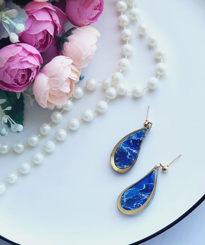 Elegant Teardrop Blue Polymer Clay Earrings/Marbled Blue and Gold Teardrop Dangle Earrings/Golden Frame and Blue Art Earrings
